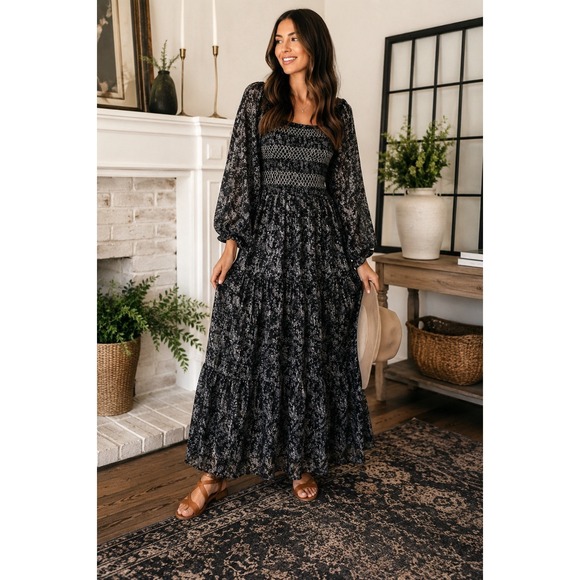Baltic Born Dresses & Skirts - Baltic Born Black Floral Smocked Maxi Dress Large Cottagecore Puff Sleeve Boho